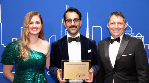 Master Builders Victoria CEO Michaela Lihou and President Geoff Purcell Present Young Builder of the Year Kabir Sidhu with his Award.